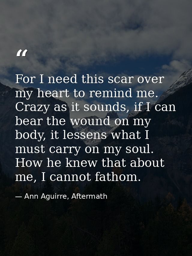 For I need this scar over my heart to remind me. Crazy as it sounds, if I can bear the wound on my body, it lessens what — Ann Aguirre, Aftermath