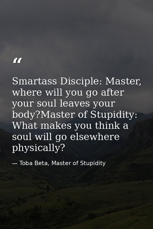 Smartass Disciple: Master, where will you go after your soul leaves your body?Master of Stupidity: What makes you think  — Toba Beta, Master of Stupidity