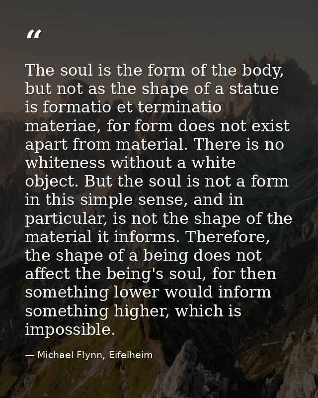 The soul is the form of the body, but not as the shape of a statue is formatio et terminatio materiae, for form does not — Michael Flynn, Eifelheim