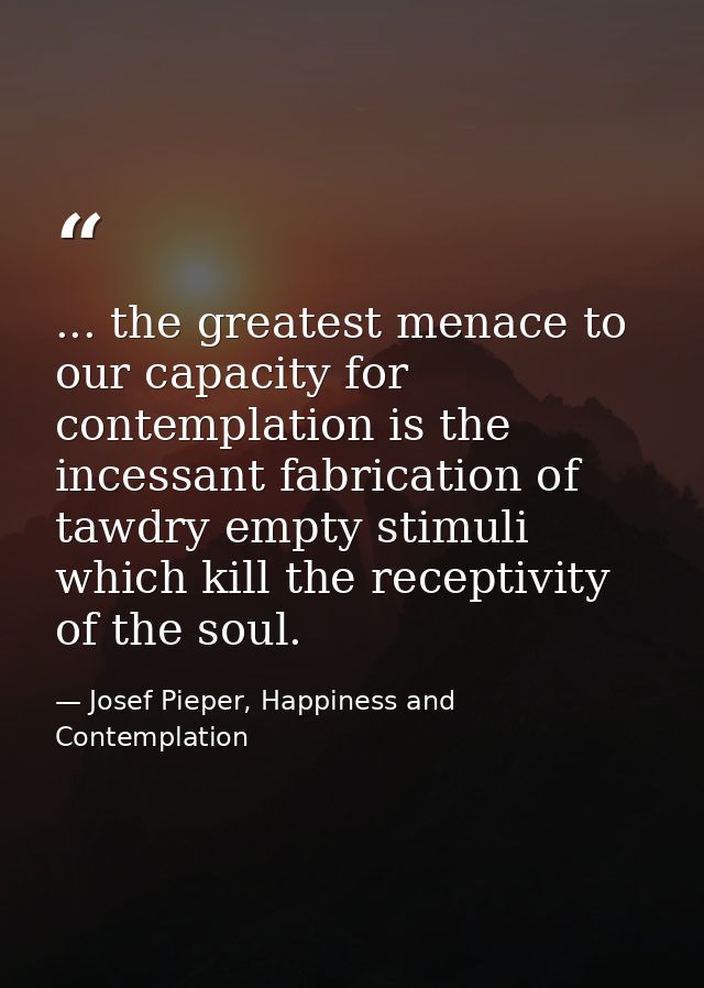 ... the greatest menace to our capacity for contemplation is the incessant fabrication of tawdry empty stimuli which kil — Josef Pieper, Happiness and Contemplation