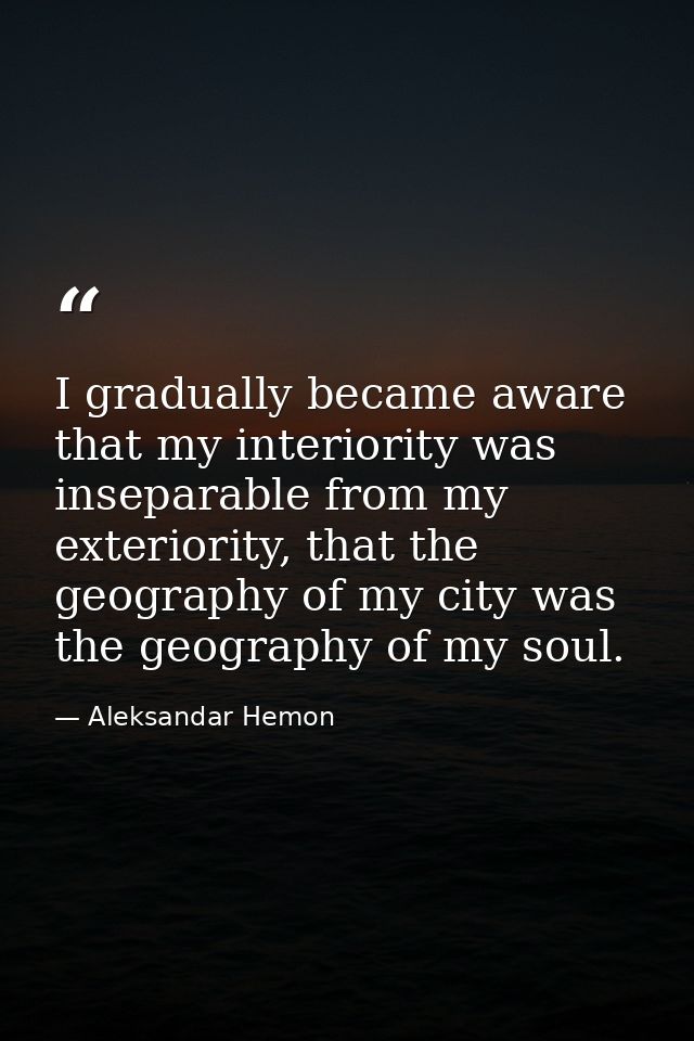 I gradually became aware that my interiority was inseparable from my exteriority, that the geography of my city was the  — Aleksandar Hemon