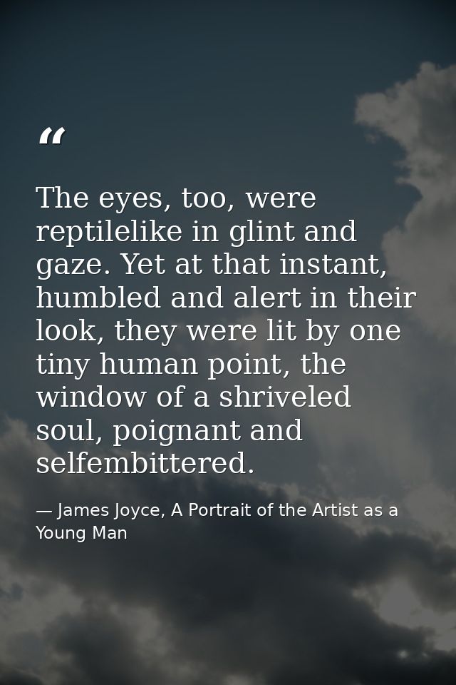 The eyes, too, were reptilelike in glint and gaze. Yet at that instant, humbled and alert in their look, they were lit b — James Joyce, A Portrait of the Artist as a Young Man