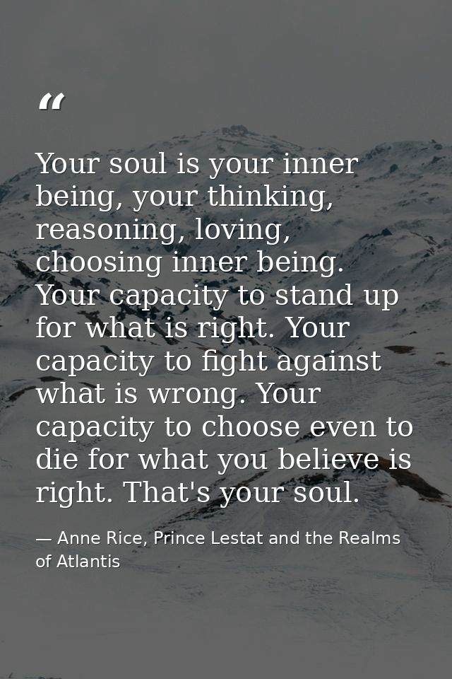 Your soul is your inner being, your thinking, reasoning, loving, choosing inner being. Your capacity to stand up for wha — Anne Rice, Prince Lestat and the Realms of Atlantis
