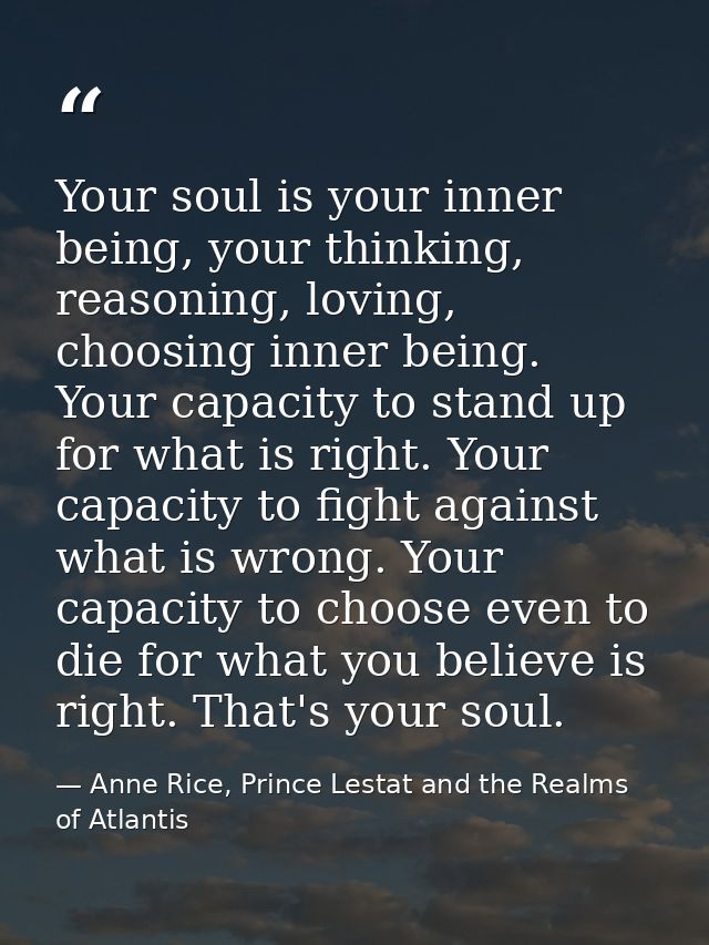 Your soul is your inner being, your thinking, reasoning, loving, choosing inner being. Your capacity to stand up for wha — Anne Rice, Prince Lestat and the Realms of Atlantis