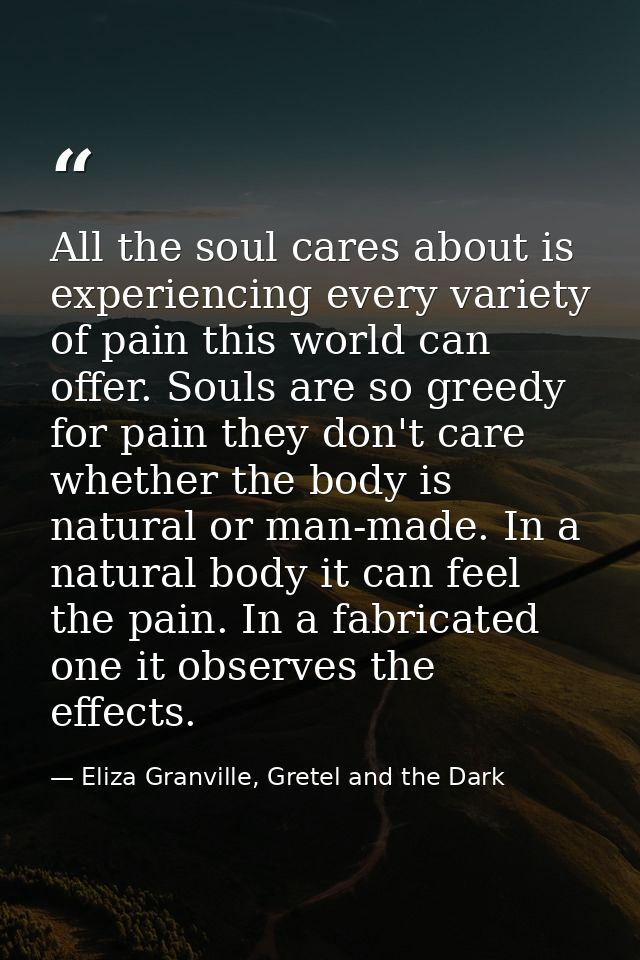 All the soul cares about is experiencing every variety of pain this world can offer. Souls are so greedy for pain they d — Eliza Granville, Gretel and the Dark