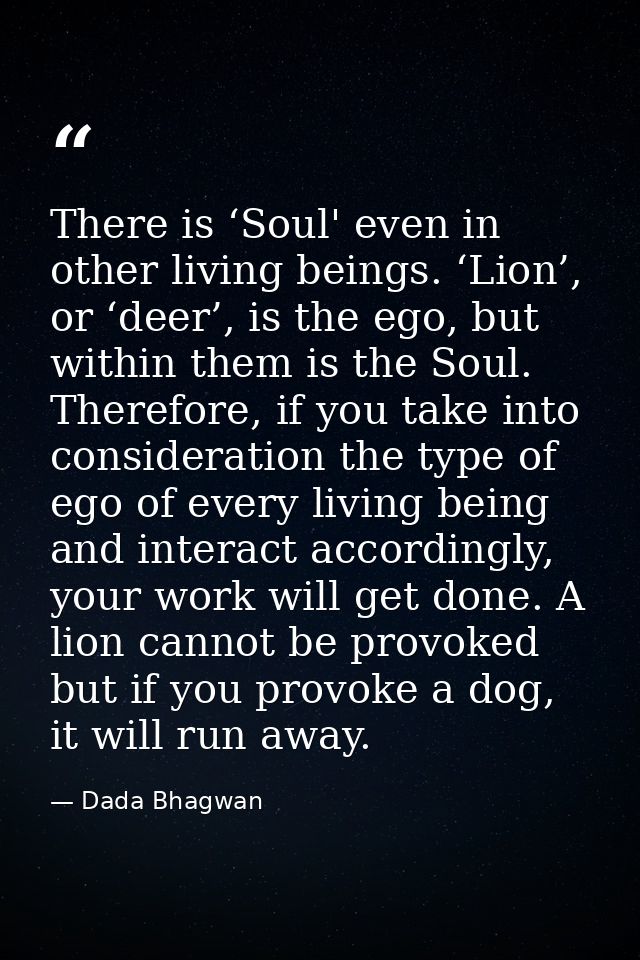 There is ‘Soul' even in other living beings. ‘Lion’, or ‘deer’, is the ego, but within them is the Soul. Therefore, if y — Dada Bhagwan