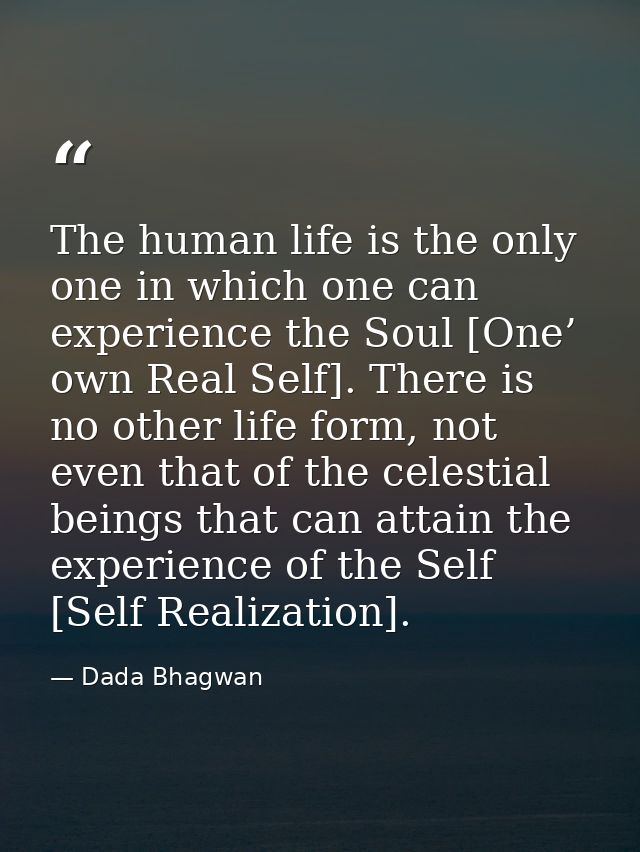 The human life is the only one in which one can experience the Soul [One’ own Real Self]. There is no other life form, n — Dada Bhagwan