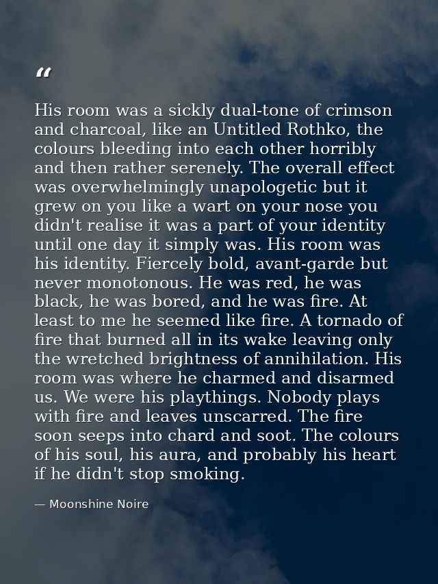 His room was a sickly dual-tone of crimson and charcoal, like an Untitled Rothko, the colours bleeding into each other h — Moonshine Noire
