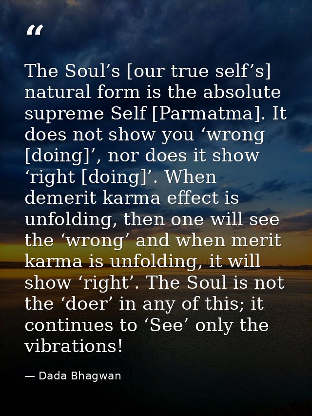 The Soul’s [our true self’s] natural form is the absolute supreme Self [Parmatma]. It does not show you ‘wrong [doing]’, — Dada Bhagwan