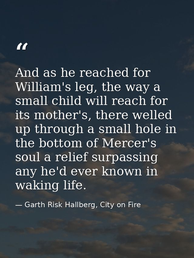 And as he reached for William's leg, the way a small child will reach for its mother's, there welled up through a small  — Garth Risk Hallberg, City on Fire