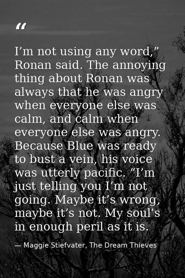 I’m not using any word,” Ronan said. The annoying thing about Ronan was always that he was angry when everyone else was  — Maggie Stiefvater, The Dream Thieves