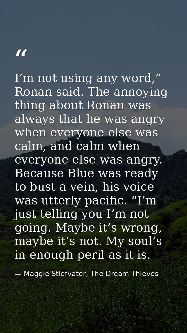 I’m not using any word,” Ronan said. The annoying thing about Ronan was always that he was angry when everyone else was  — Maggie Stiefvater, The Dream Thieves