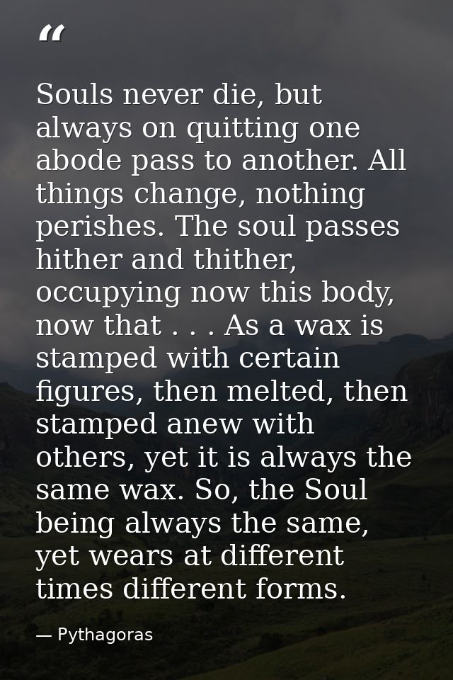Souls never die, but always on quitting one abode pass to another. All things change, nothing perishes. The soul passes  — Pythagoras