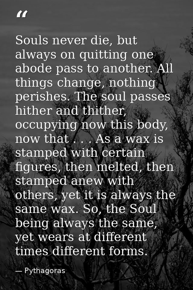 Souls never die, but always on quitting one abode pass to another. All things change, nothing perishes. The soul passes  — Pythagoras