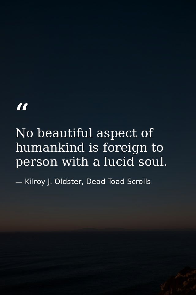No beautiful aspect of humankind is foreign to person with a lucid soul. — Kilroy J. Oldster, Dead Toad Scrolls