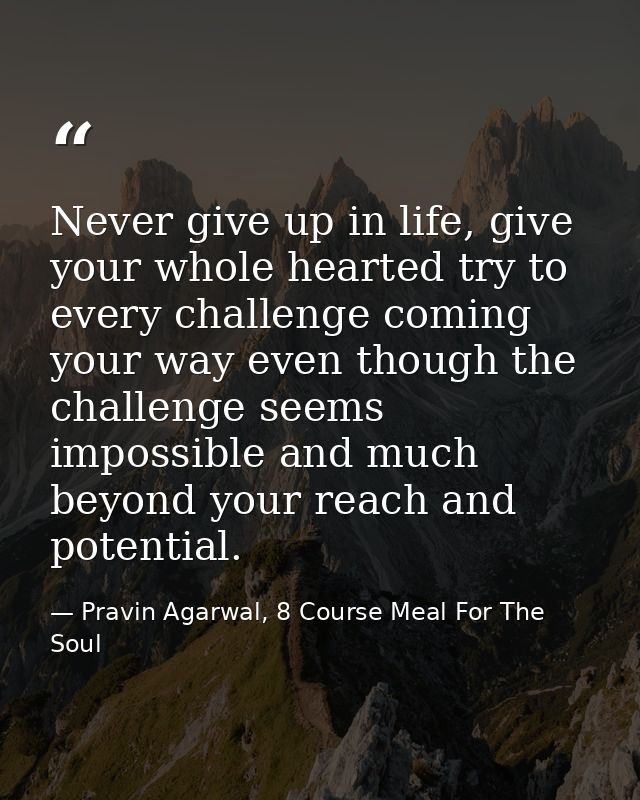 Never give up in life, give your whole hearted try to every challenge coming your way even though the challenge seems im — Pravin Agarwal, 8 Course Meal For The Soul