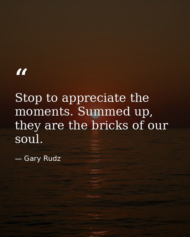 Stop to appreciate the moments. Summed up, they are the bricks of our soul. — Gary Rudz