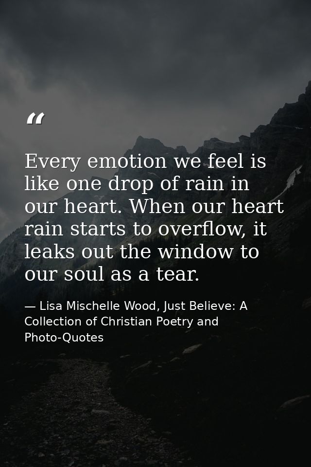 Every emotion we feel is like one drop of rain in our heart. When our heart rain starts to overflow, it leaks out the wi — Lisa Mischelle Wood, Just Believe: A Collection of Christian Poetry and Photo-Quotes
