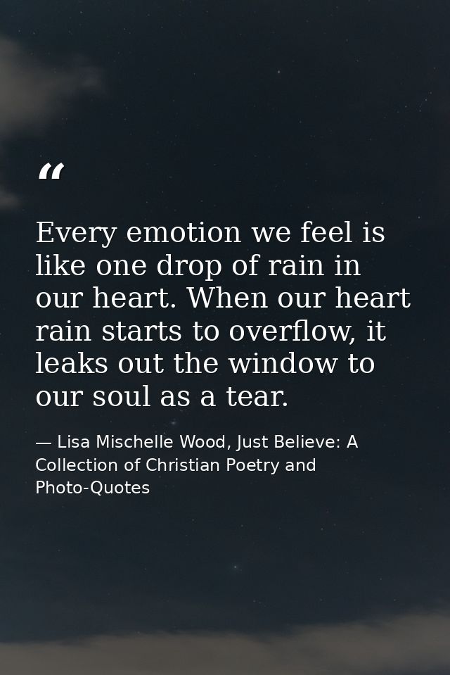 Every emotion we feel is like one drop of rain in our heart. When our heart rain starts to overflow, it leaks out the wi — Lisa Mischelle Wood, Just Believe: A Collection of Christian Poetry and Photo-Quotes