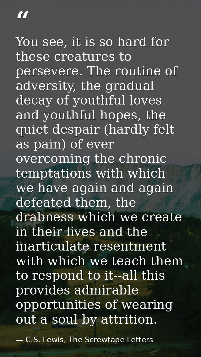You see, it is so hard for these creatures to persevere. The routine of adversity, the gradual decay of youthful loves a — C.S. Lewis, The Screwtape Letters