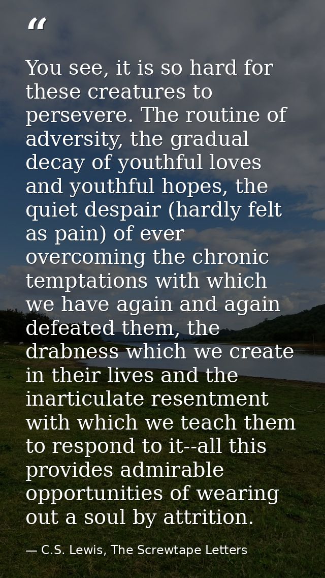 You see, it is so hard for these creatures to persevere. The routine of adversity, the gradual decay of youthful loves a — C.S. Lewis, The Screwtape Letters