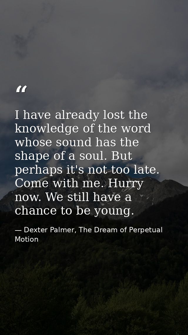I have already lost the knowledge of the word whose sound has the shape of a soul. But perhaps it's not too late. Come w — Dexter Palmer, The Dream of Perpetual Motion