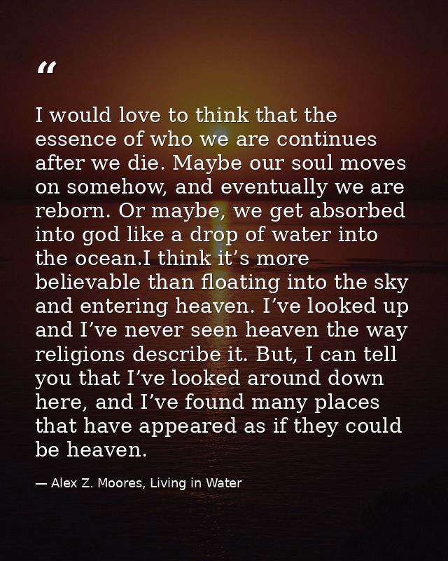 I would love to think that the essence of who we are continues after we die. Maybe our soul moves on somehow, and eventu — Alex Z. Moores, Living in Water
