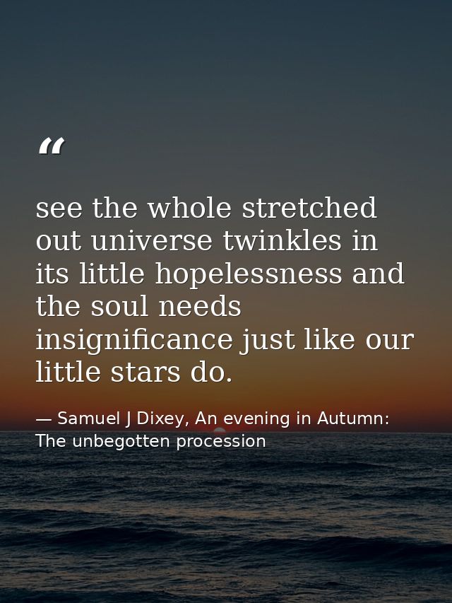 see the whole stretched out universe twinkles in its little hopelessness and the soul needs insignificance just like our — Samuel J Dixey, An evening in Autumn: The unbegotten procession