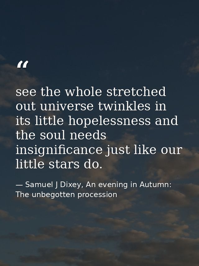 see the whole stretched out universe twinkles in its little hopelessness and the soul needs insignificance just like our — Samuel J Dixey, An evening in Autumn: The unbegotten procession