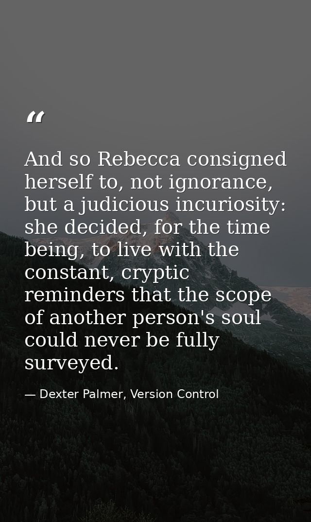 And so Rebecca consigned herself to, not ignorance, but a judicious incuriosity: she decided, for the time being, to liv — Dexter Palmer, Version Control