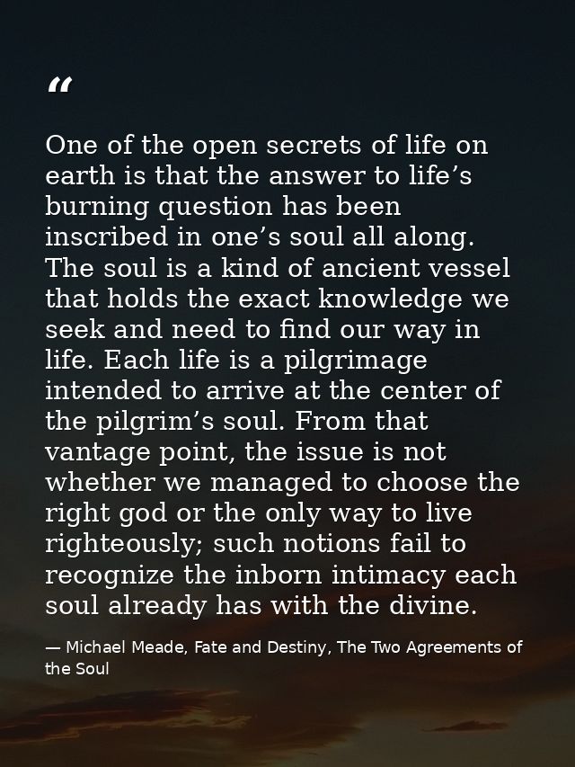 One of the open secrets of life on earth is that the answer to life’s burning question has been inscribed in one’s soul  — Michael Meade, Fate and Destiny, The Two Agreements of the Soul