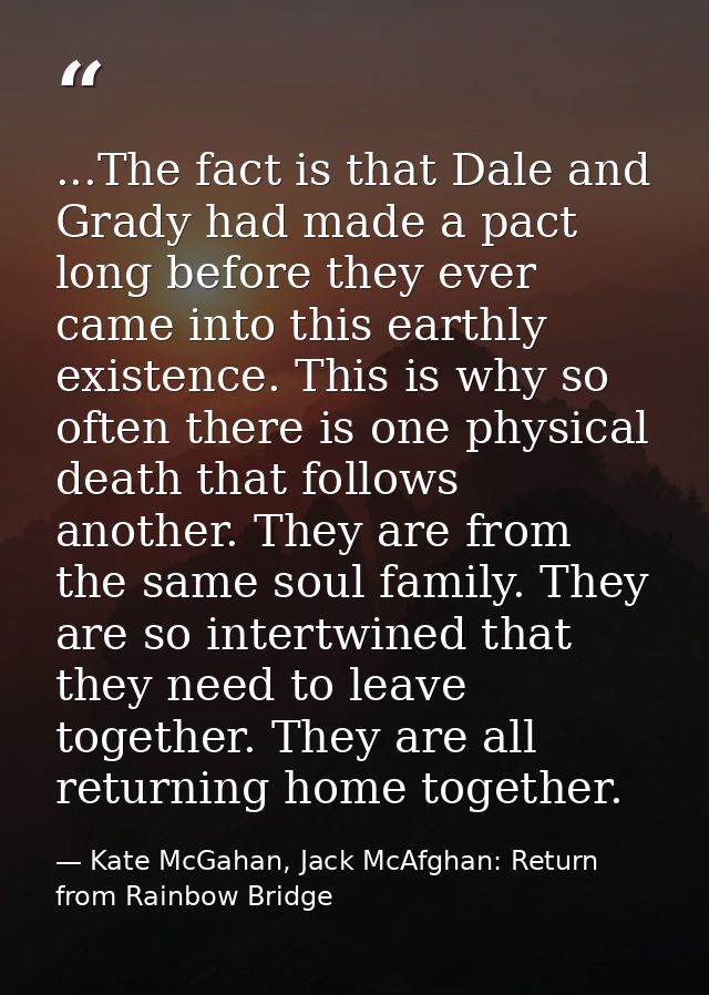 ...The fact is that Dale and Grady had made a pact long before they ever came into this earthly existence. This is why s — Kate McGahan, Jack McAfghan: Return from Rainbow Bridge