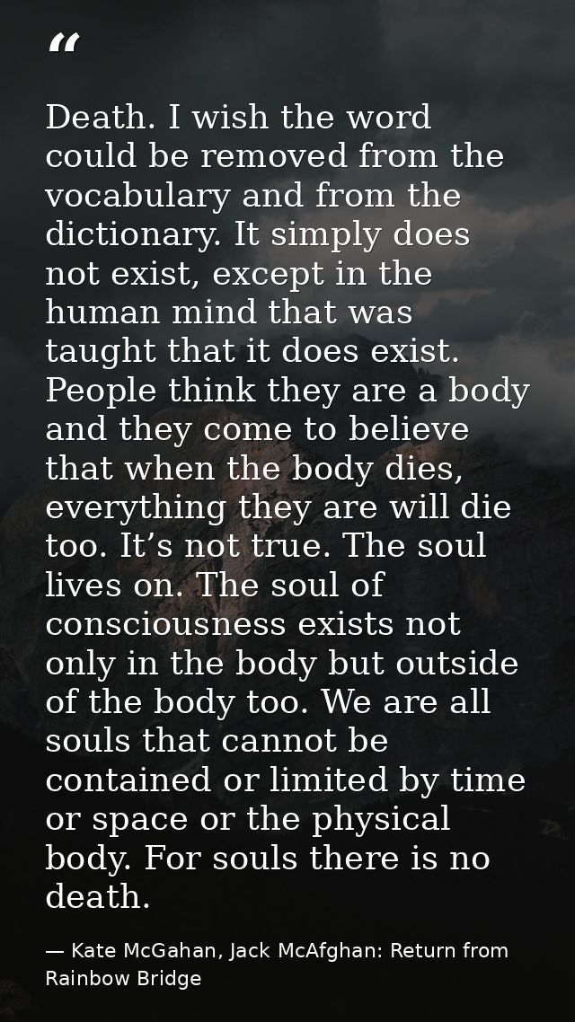 Death. I wish the word could be removed from the vocabulary and from the dictionary. It simply does not exist, except in — Kate McGahan, Jack McAfghan: Return from Rainbow Bridge