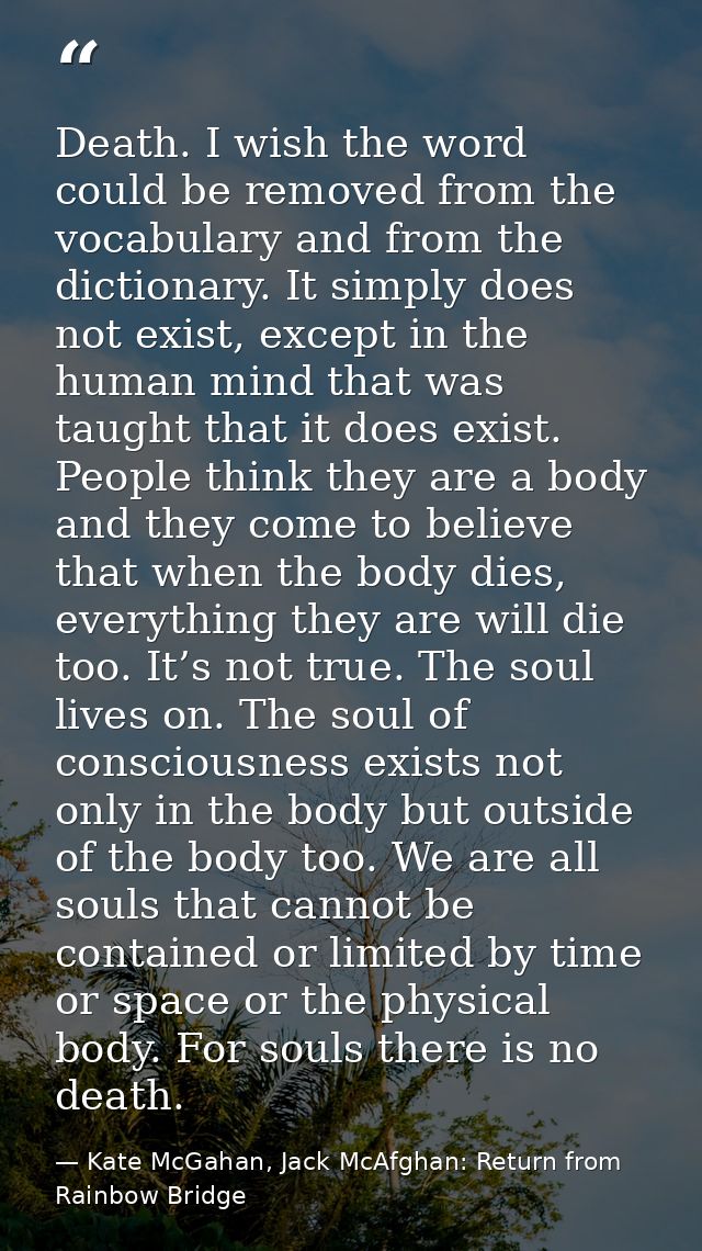 Death. I wish the word could be removed from the vocabulary and from the dictionary. It simply does not exist, except in — Kate McGahan, Jack McAfghan: Return from Rainbow Bridge