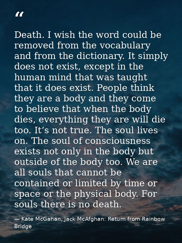 Death. I wish the word could be removed from the vocabulary and from the dictionary. It simply does not exist, except in — Kate McGahan, Jack McAfghan: Return from Rainbow Bridge