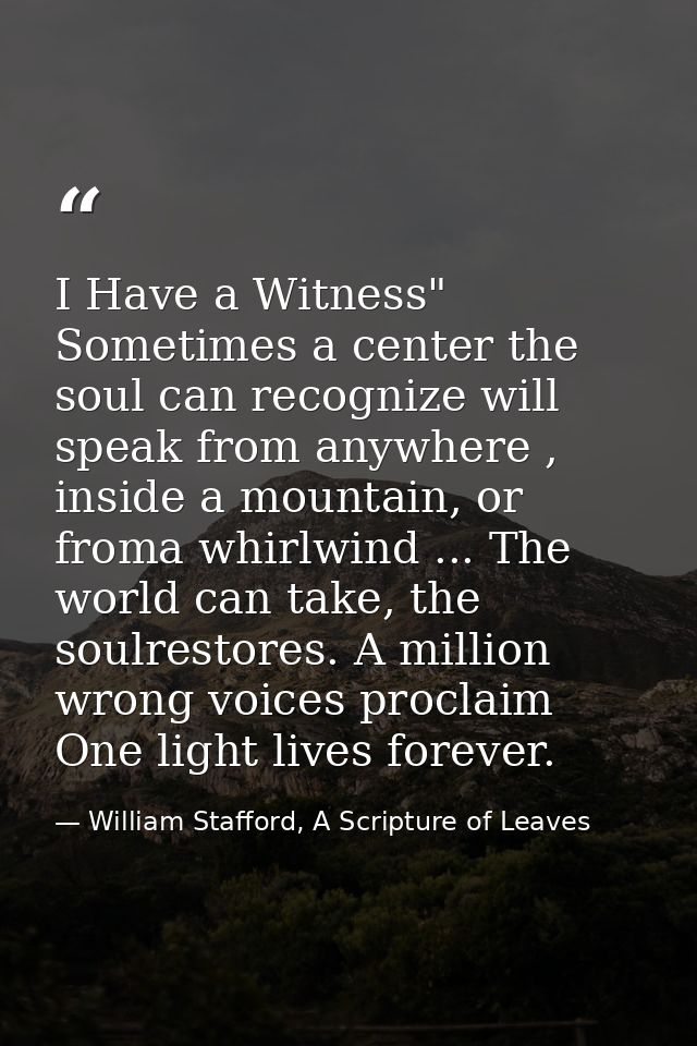I Have a Witness" Sometimes a center the soul can recognize will speak from anywhere , inside a mountain, or froma whirl — William Stafford, A Scripture of Leaves
