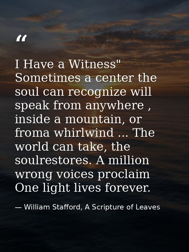 I Have a Witness" Sometimes a center the soul can recognize will speak from anywhere , inside a mountain, or froma whirl — William Stafford, A Scripture of Leaves