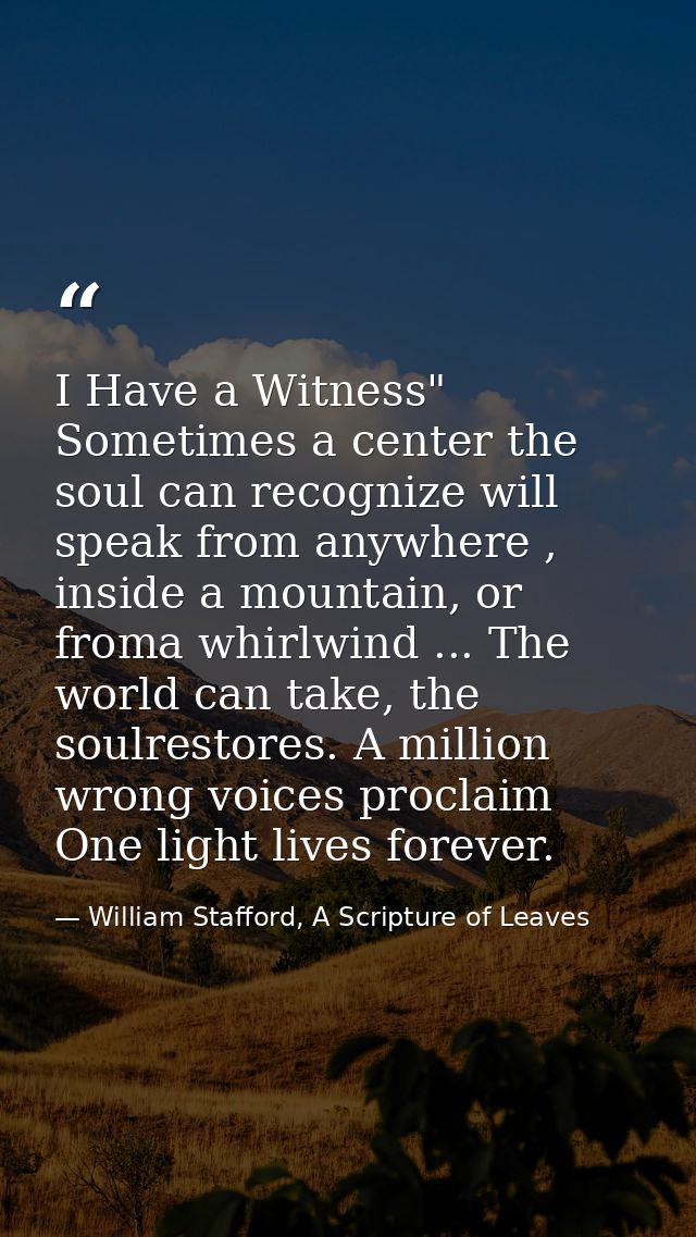 I Have a Witness" Sometimes a center the soul can recognize will speak from anywhere , inside a mountain, or froma whirl — William Stafford, A Scripture of Leaves