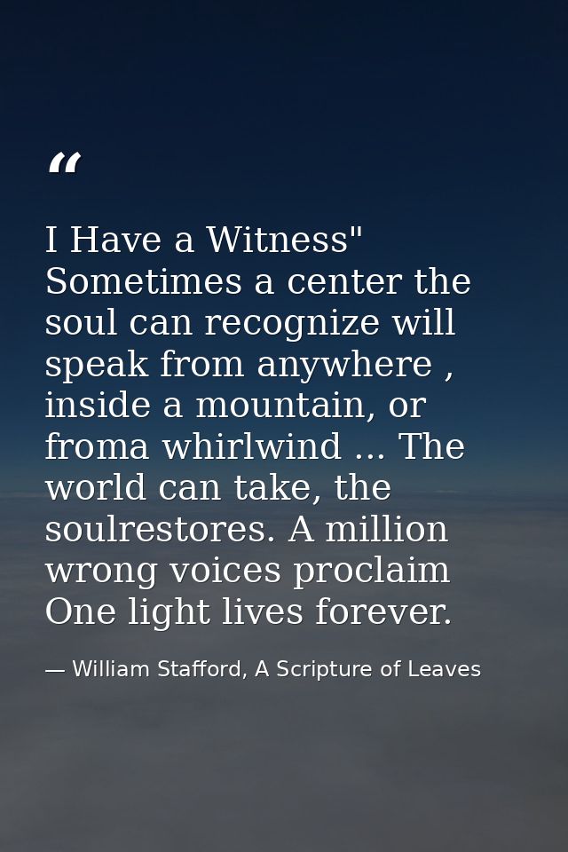 I Have a Witness" Sometimes a center the soul can recognize will speak from anywhere , inside a mountain, or froma whirl — William Stafford, A Scripture of Leaves
