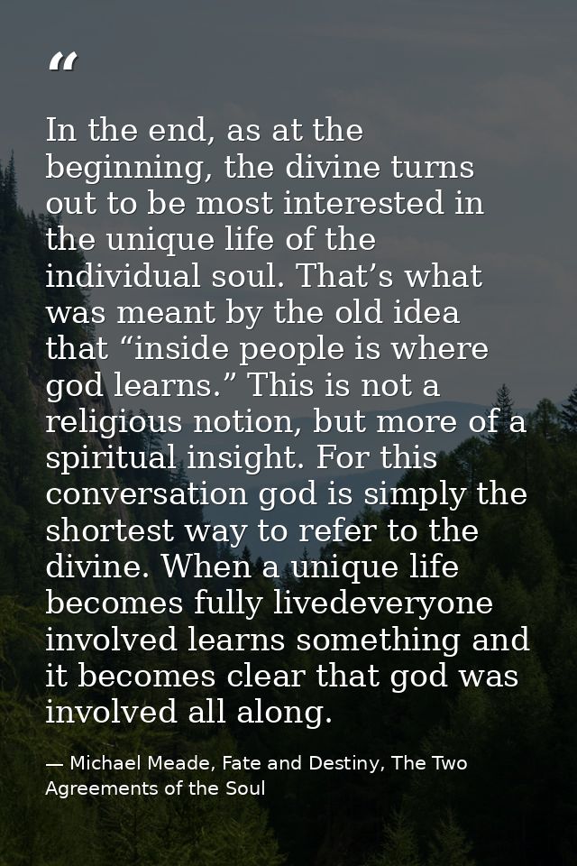 In the end, as at the beginning, the divine turns out to be most interested in the unique life of the individual soul. T — Michael Meade, Fate and Destiny, The Two Agreements of the Soul