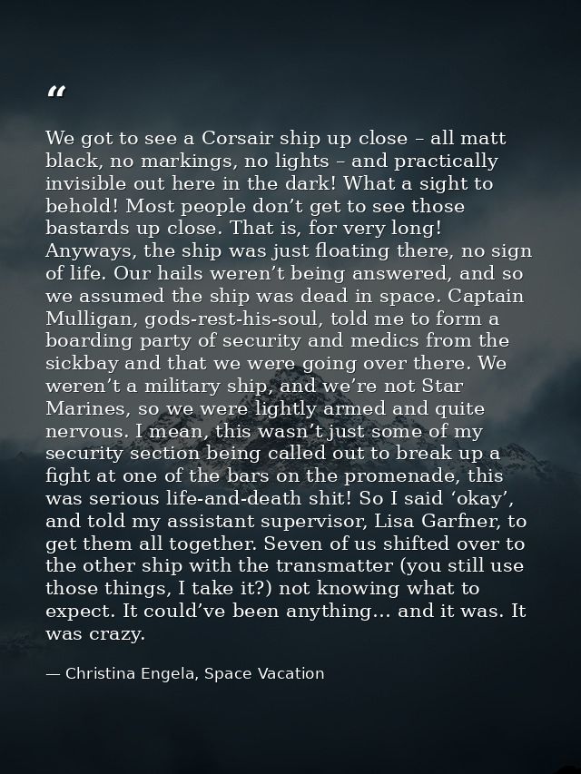We got to see a Corsair ship up close – all matt black, no markings, no lights – and practically invisible out here in t — Christina Engela, Space Vacation