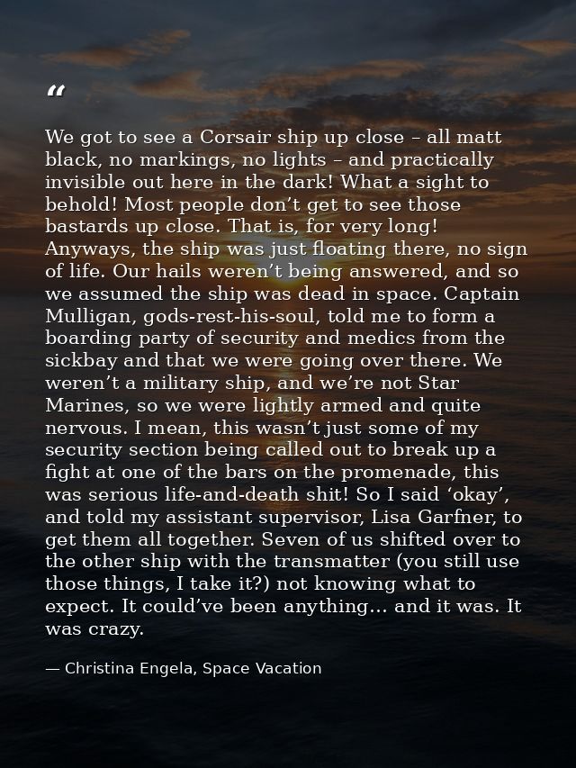 We got to see a Corsair ship up close – all matt black, no markings, no lights – and practically invisible out here in t — Christina Engela, Space Vacation