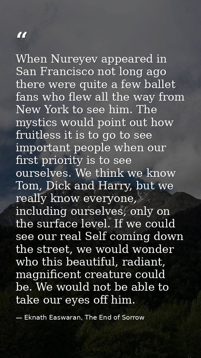 When Nureyev appeared in San Francisco not long ago there were quite a few ballet fans who flew all the way from New Yor — Eknath Easwaran, The End of Sorrow