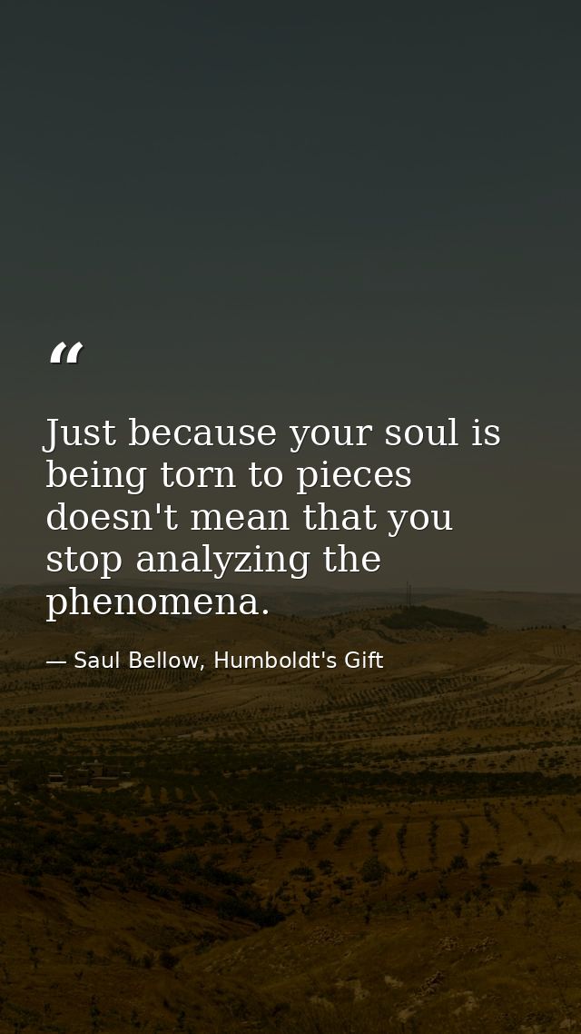 Just because your soul is being torn to pieces doesn't mean that you stop analyzing the phenomena. — Saul Bellow, Humboldt's Gift
