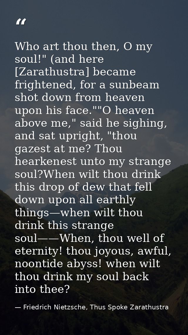 Who art thou then, O my soul!" (and here [Zarathustra] became frightened, for a sunbeam shot down from heaven upon his f — Friedrich Nietzsche, Thus Spoke Zarathustra