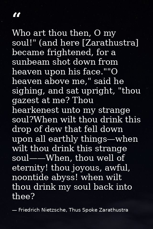 Who art thou then, O my soul!" (and here [Zarathustra] became frightened, for a sunbeam shot down from heaven upon his f — Friedrich Nietzsche, Thus Spoke Zarathustra