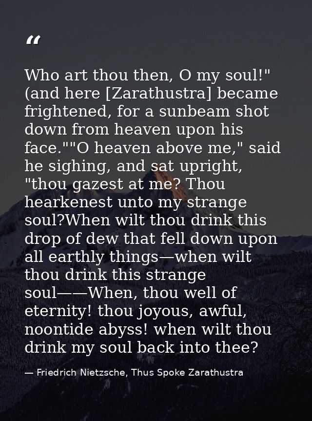 Who art thou then, O my soul!" (and here [Zarathustra] became frightened, for a sunbeam shot down from heaven upon his f — Friedrich Nietzsche, Thus Spoke Zarathustra