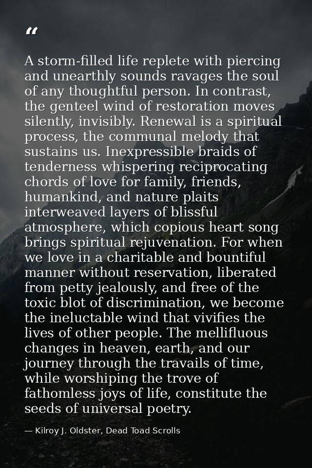 A storm-filled life replete with piercing and unearthly sounds ravages the soul of any thoughtful person. In contrast, t — Kilroy J. Oldster, Dead Toad Scrolls