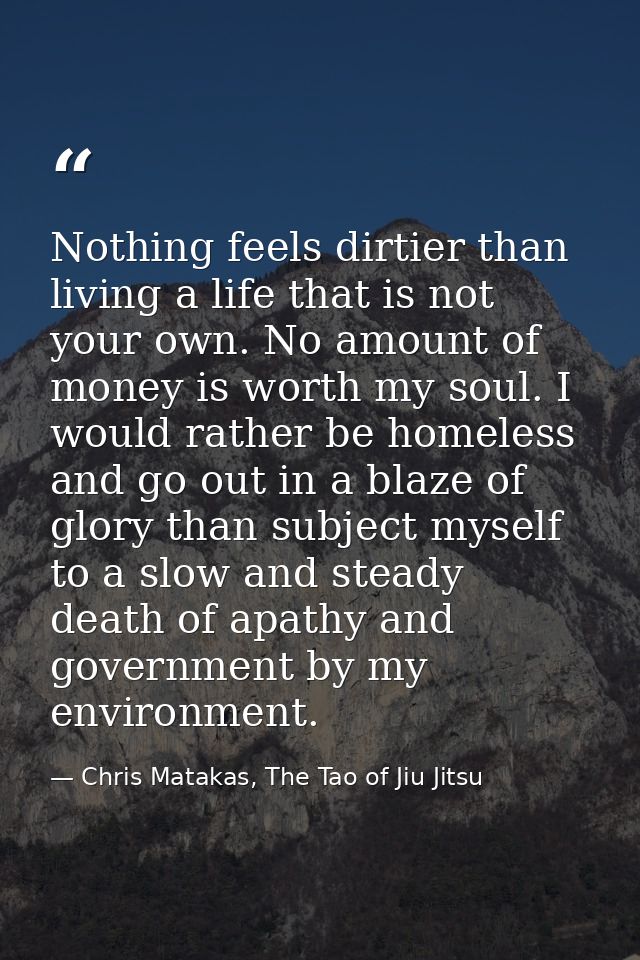Nothing feels dirtier than living a life that is not your own. No amount of money is worth my soul. I would rather be ho — Chris Matakas, The Tao of Jiu Jitsu