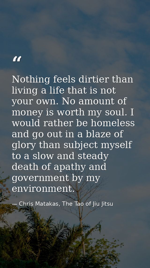 Nothing feels dirtier than living a life that is not your own. No amount of money is worth my soul. I would rather be ho — Chris Matakas, The Tao of Jiu Jitsu